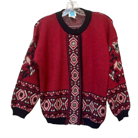 Vintage Italian Wool Blend Geometric Cardigan Sweater Red Knit 70s Style Small - Picture 1 of 12